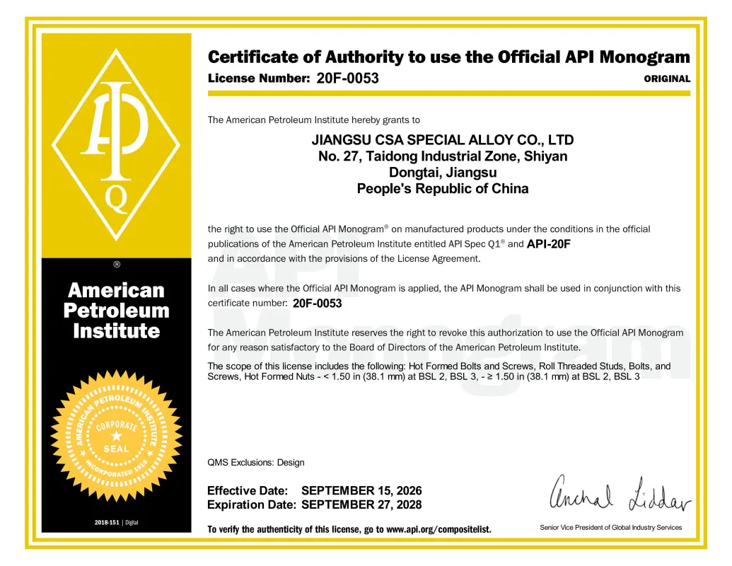 Certificate of Authority to use the Official API Monogram License 20F