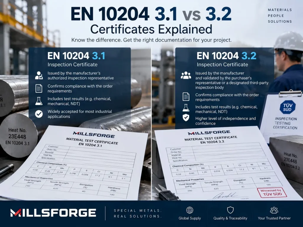 EN 10204 3.1 vs 3.2 inspection certificates comparison for industrial metal materials