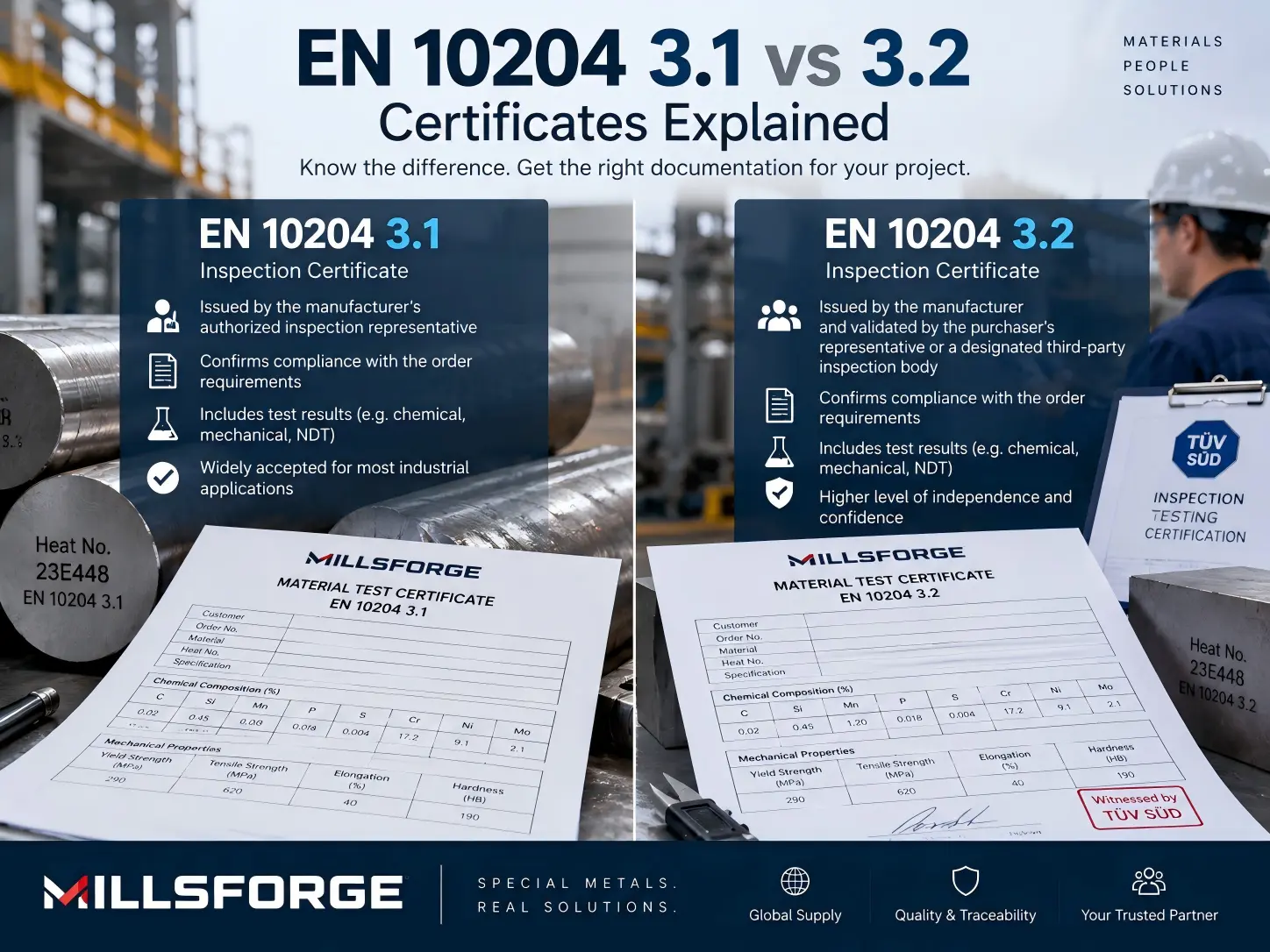 EN 10204 3.1 vs 3.2 inspection certificates comparison for industrial metal materials