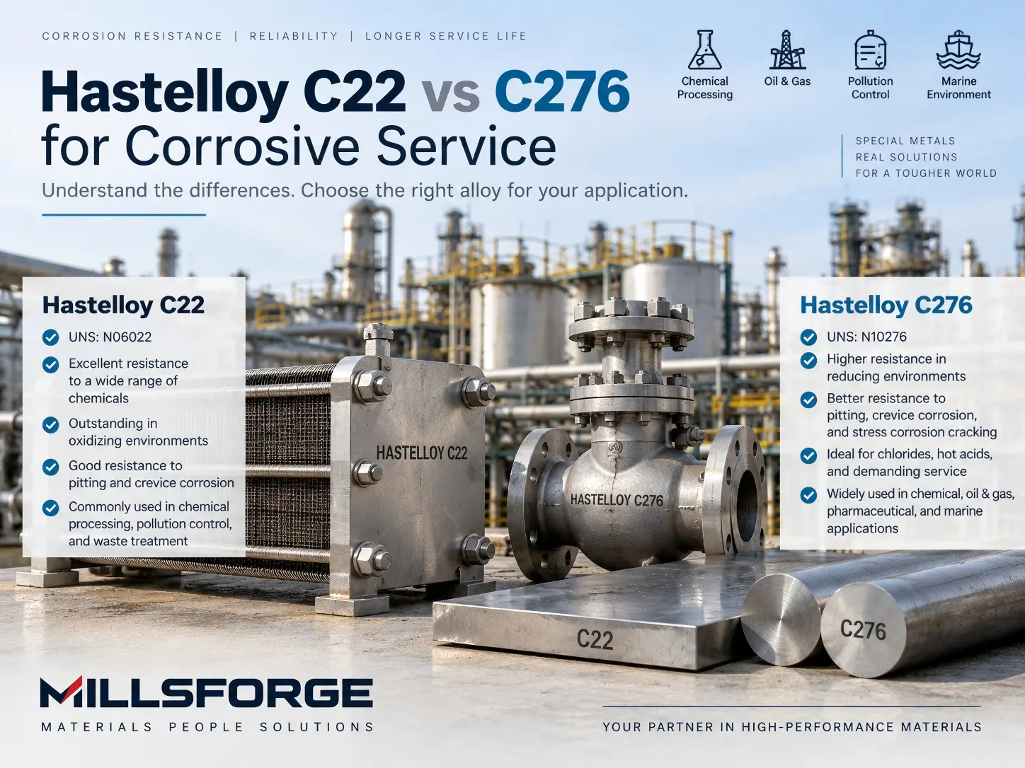 Hastelloy C22 vs C276 comparison for corrosive service in chemical processing and industrial applications