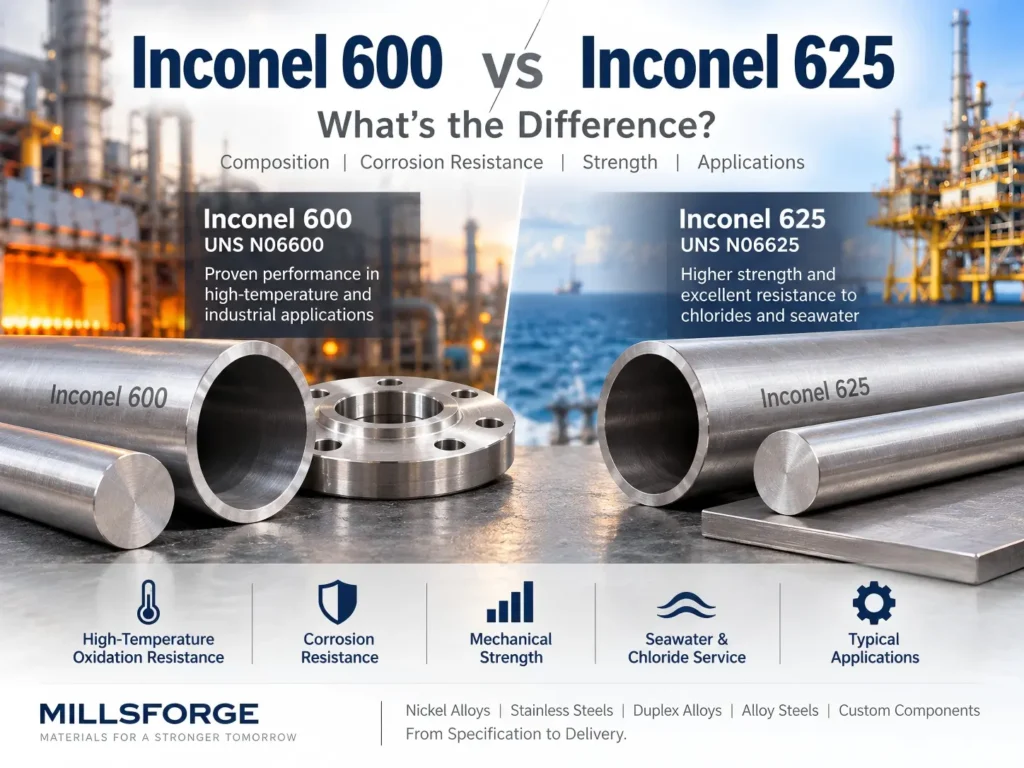 Inconel 600 vs 625 comparison showing corrosion resistance, strength, high-temperature performance and applications