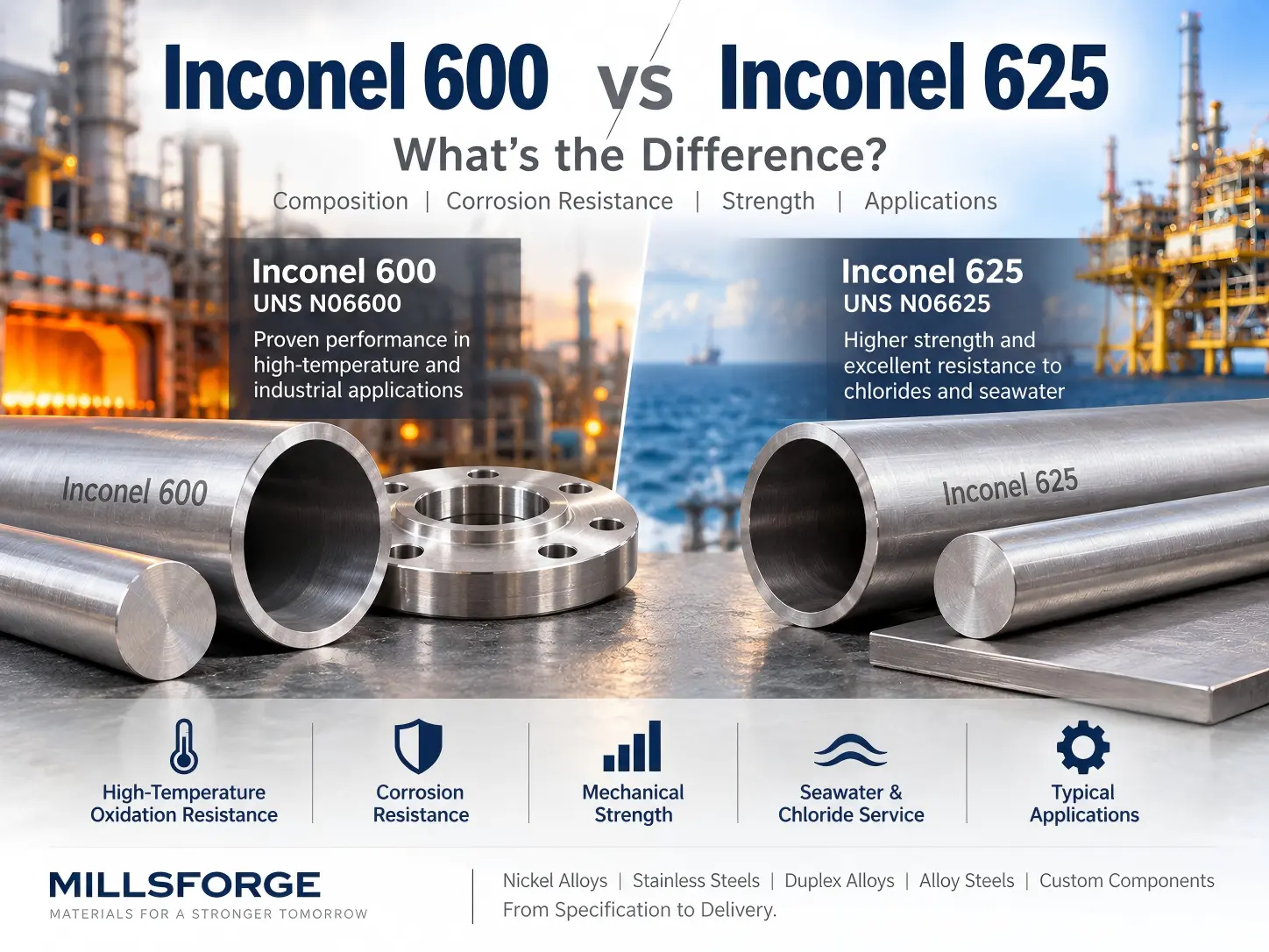 Inconel 600 vs 625 comparison showing corrosion resistance, strength, high-temperature performance and applications