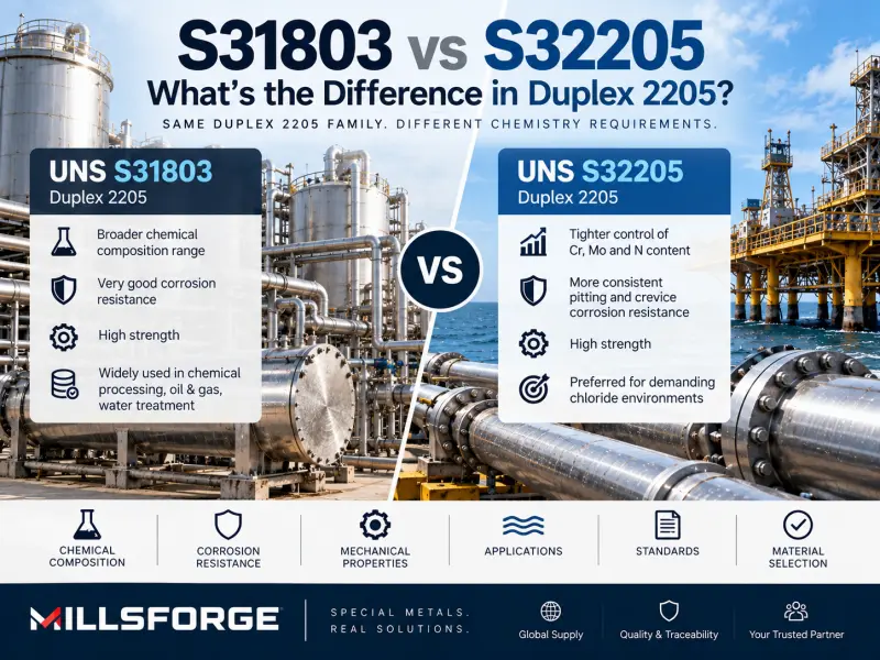 S31803 vs S32205 Duplex 2205 comparison showing chemistry, PREN and corrosion resistance differences
