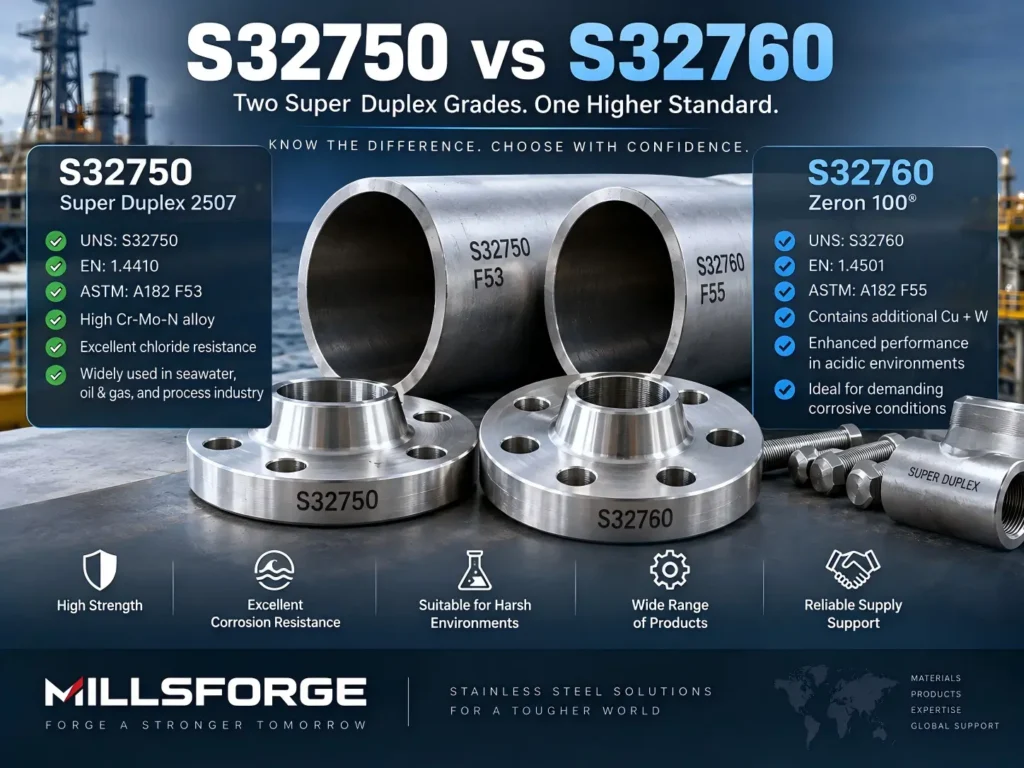 S32750 vs S32760 super duplex stainless steel comparison showing key differences between F53 and F55 grades