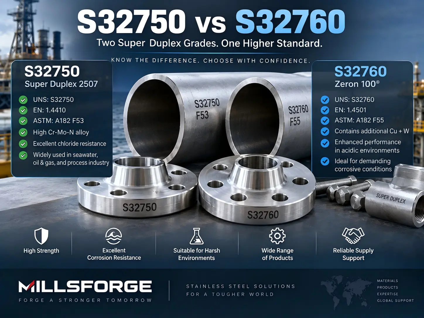 S32750 vs S32760 super duplex stainless steel comparison showing key differences between F53 and F55 grades